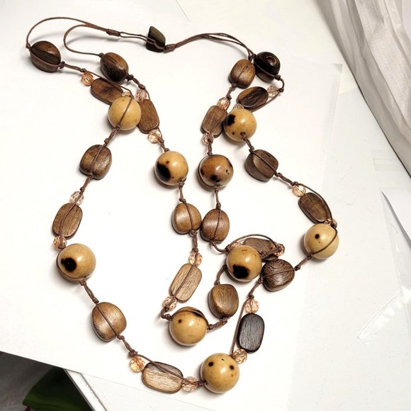 Large Wood Inspired Earthtone Beaded Long Statement Necklace - Picture 10 of 10